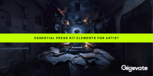 An electrifying scene with a DJ surrounded by chaos and creativity, with papers flying around a DJ booth as if caught in a sonic blast. The image powerfully represents 'Essential Press Kit Elements for Artist', highlighted by a striking neon green banner. The Gigevate logo is prominently displayed, symbolizing their expertise in elevating artist brands through professional press kits in the electronic music industry.