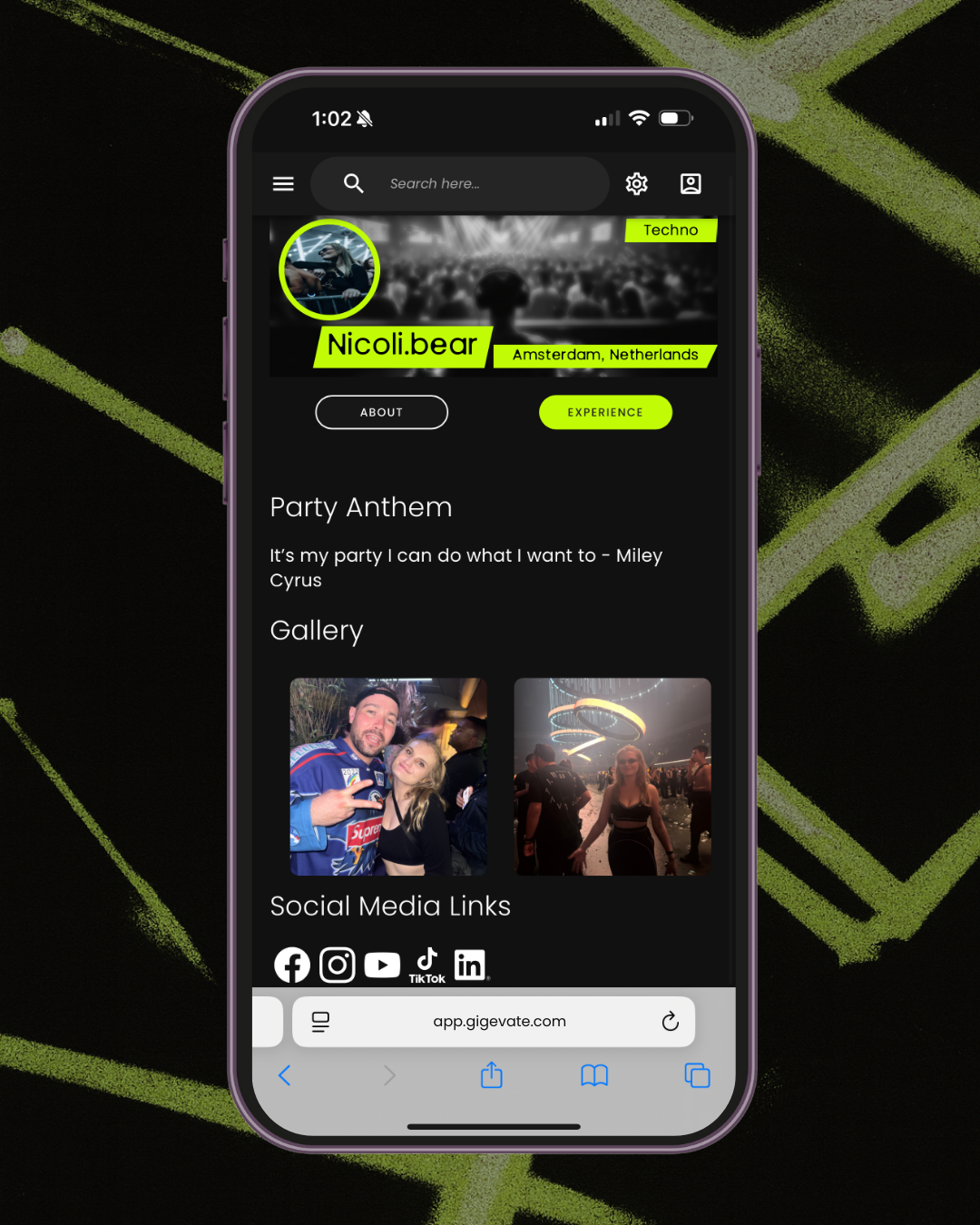 Fan profile on Gigevate showing user name, music preferences, gallery photos and social media links.