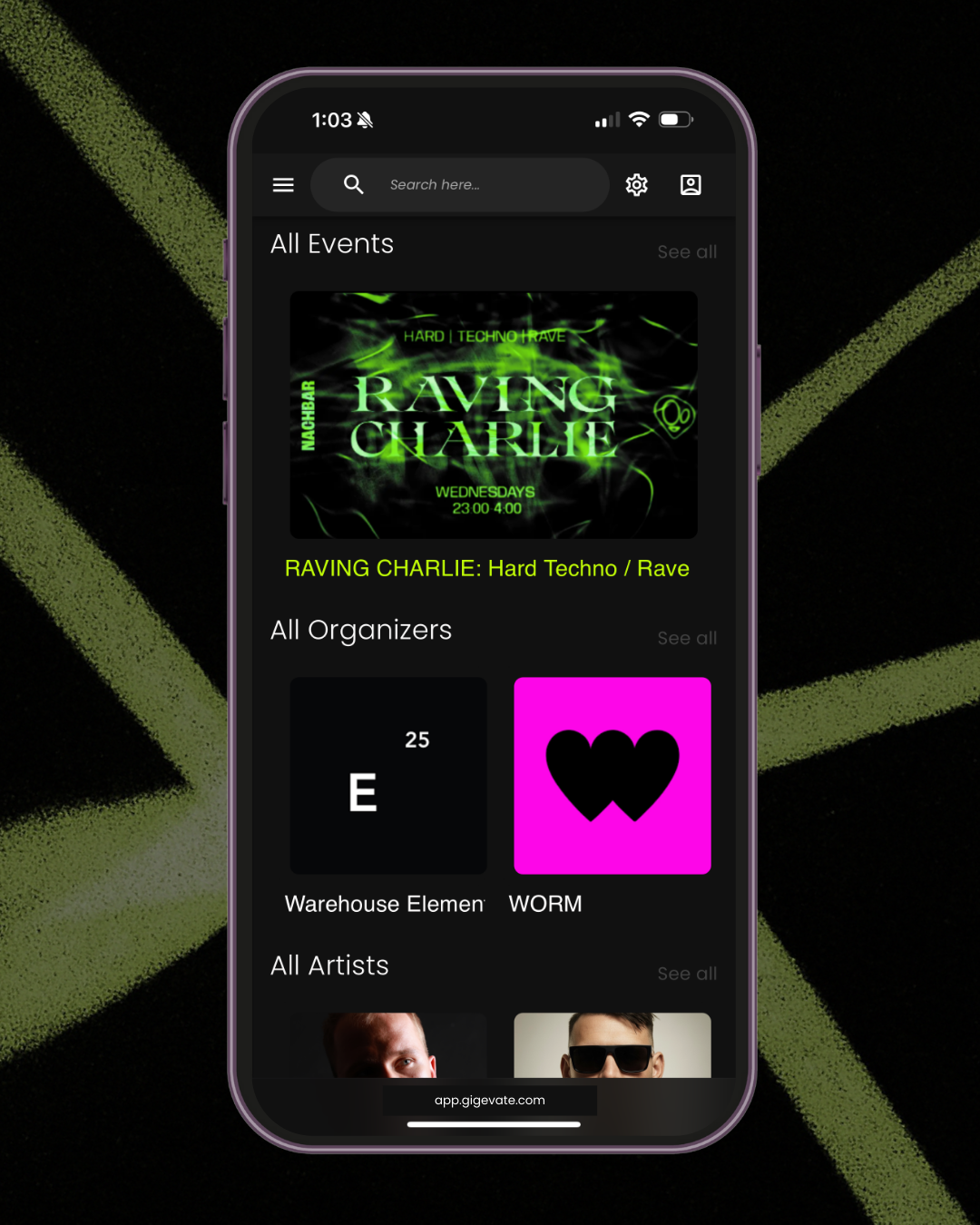 Explore page on Gigevate showing upcoming events, organisers and artists in one feed.