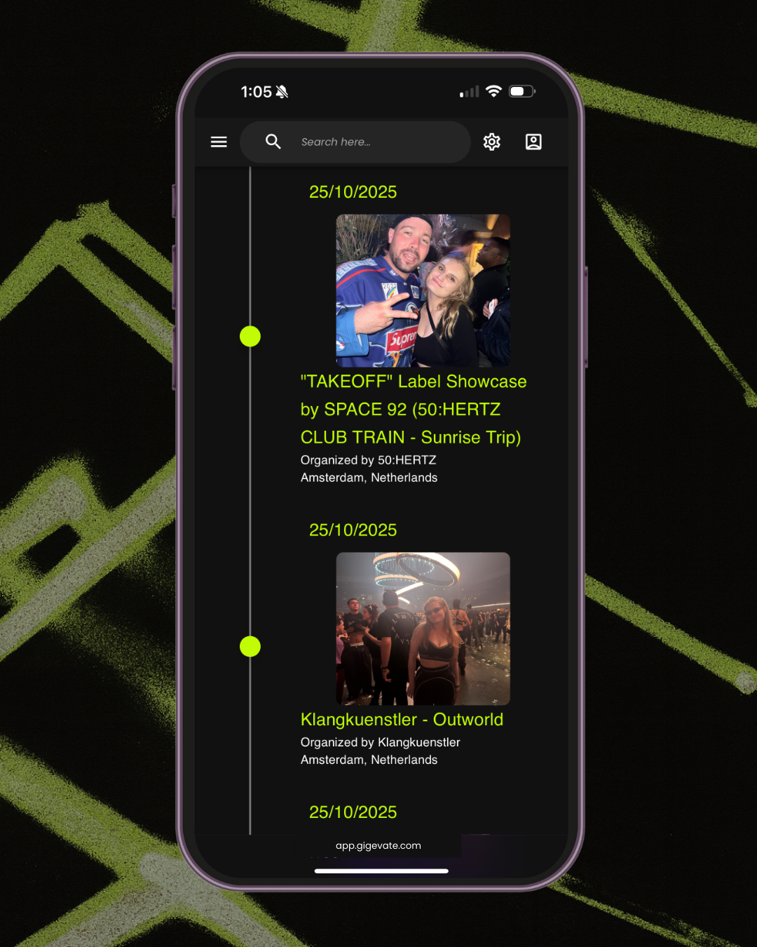 Fan event timeline on Gigevate showing past attended events with dates and photos.