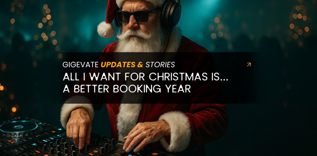 Santa Claus wearing sunglasses and headphones while DJing at a club with Christmas lights in the background.