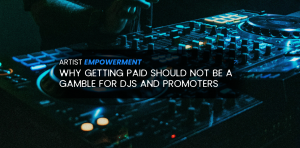 Close up of a DJ deck under teal lighting representing the energy of electronic music performances.