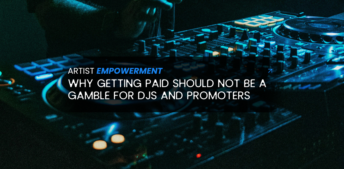 Close up of a DJ deck under teal lighting representing the energy of electronic music performances.