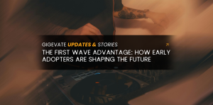 Image of a DJ mixer under warm light with text overlay promoting the First Wave Advantage for early adopters on Gigevate.