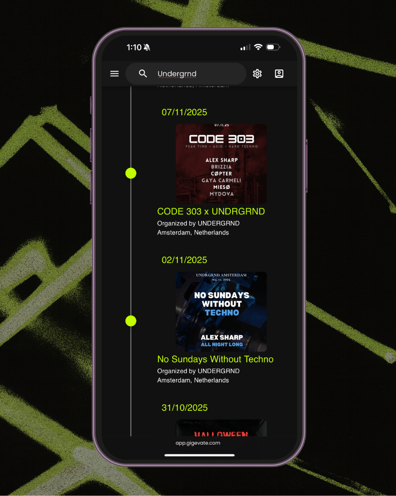 Artist gig history timeline on Gigevate showing past electronic music events with dates, organisers and performance details.