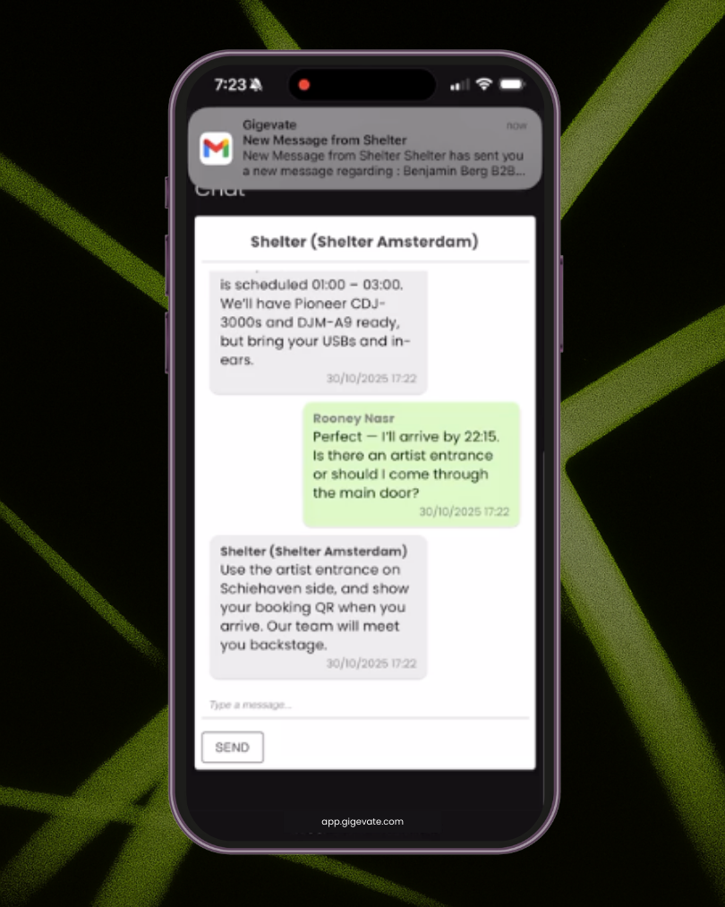 In-app chat between an artist and organiser on Gigevate showing booking details, arrival instructions and event communication.