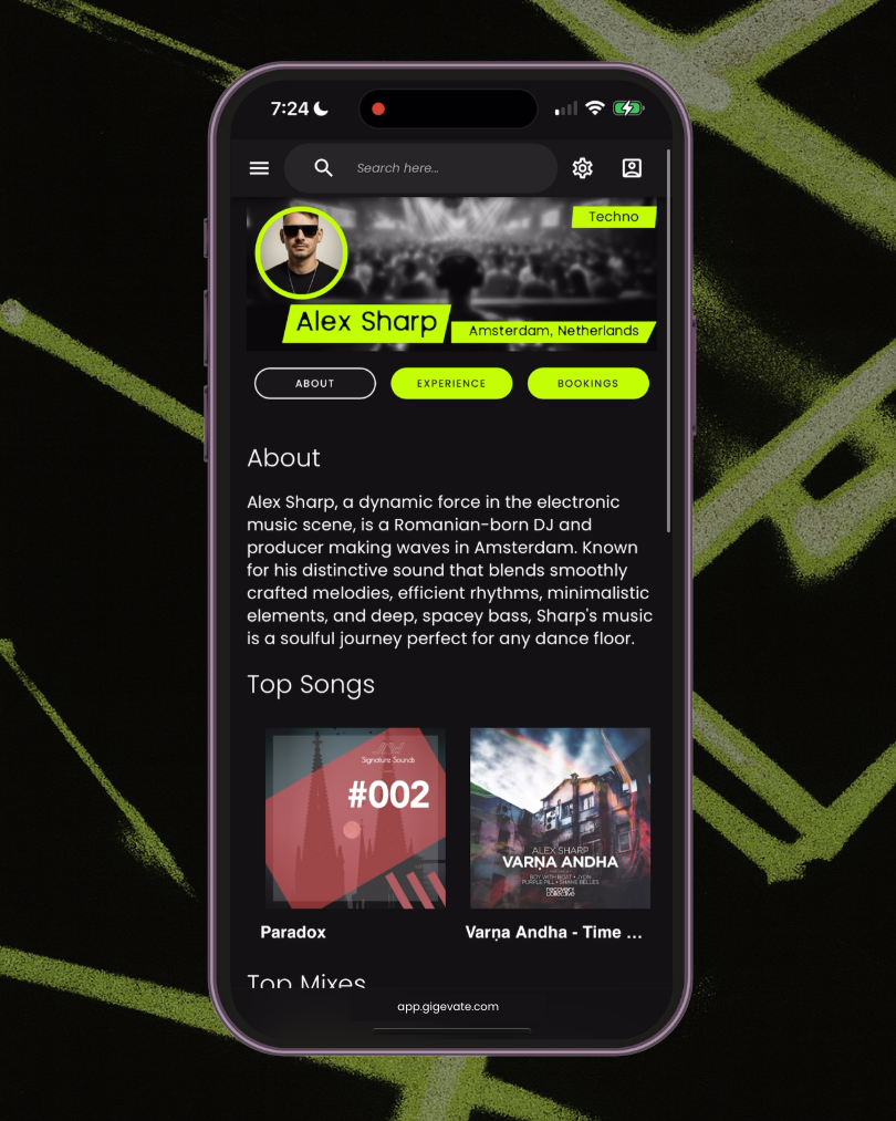 Artist profile screen on Gigevate showing DJ biography, genre, music links and gig experience for the electronic music community.