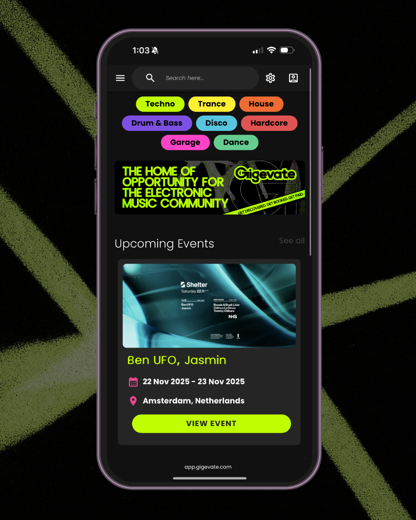 Gigevate home screen showing electronic music genres and recommendations for discovering artists, organisers and upcoming events.