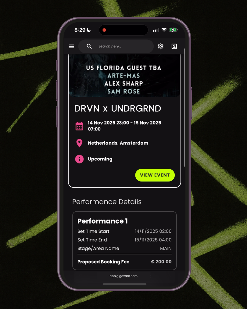 Explore page on Gigevate showing upcoming events, organisers and artists in one feed.