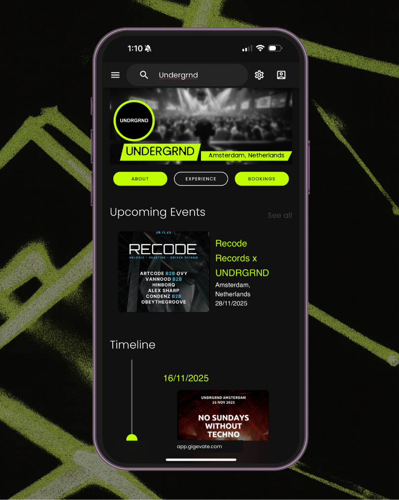 Organiser event timeline on Gigevate showing past and upcoming event cards.