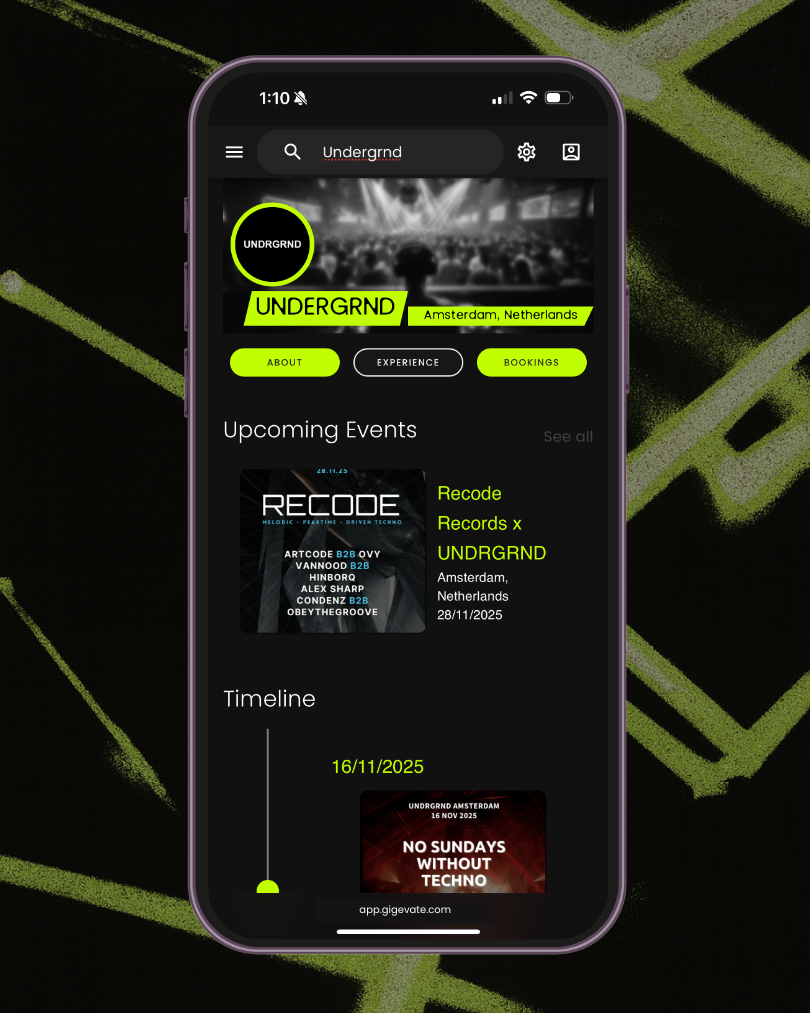 Organiser profile on Gigevate showing brand identity location upcoming events and event timeline.