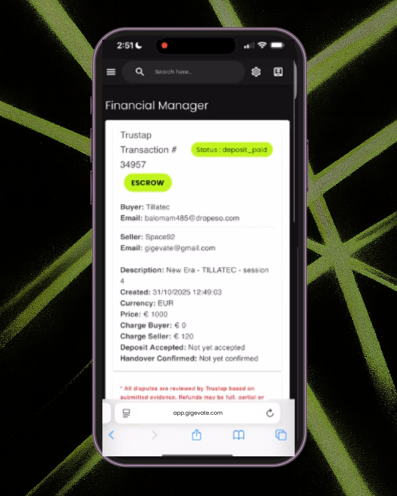 Trustap secure payment screen on Gigevate showing protected escrow status for an electronic music booking.