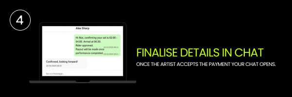 Gigevate chat view where organiser and artist confirm booking details and payout timing.