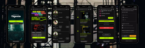Mobile app interface showing the Gigevate platform for electronic music artists, organisers, and fans with event discovery, bookings, and secure payments