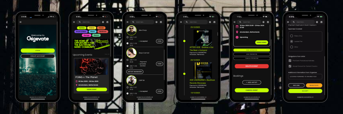 Mobile app interface showing the Gigevate platform for electronic music artists, organisers, and fans with event discovery, bookings, and secure payments