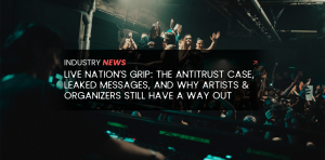 Dark warehouse / club, green haze or lasers, crowd silhouettes, DJ booth or decks in the distance.