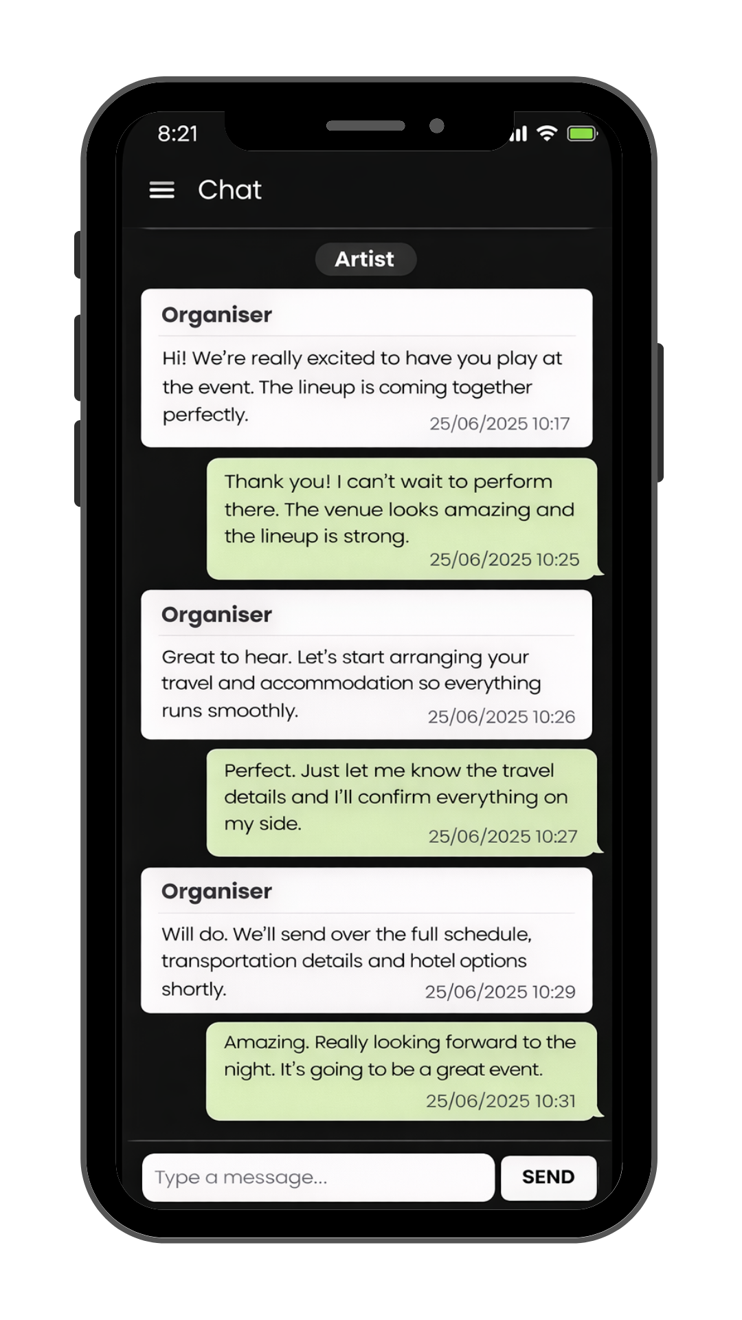 Gigevate in-app chat between a DJ and event organiser confirming gig details, fee and venue logistics