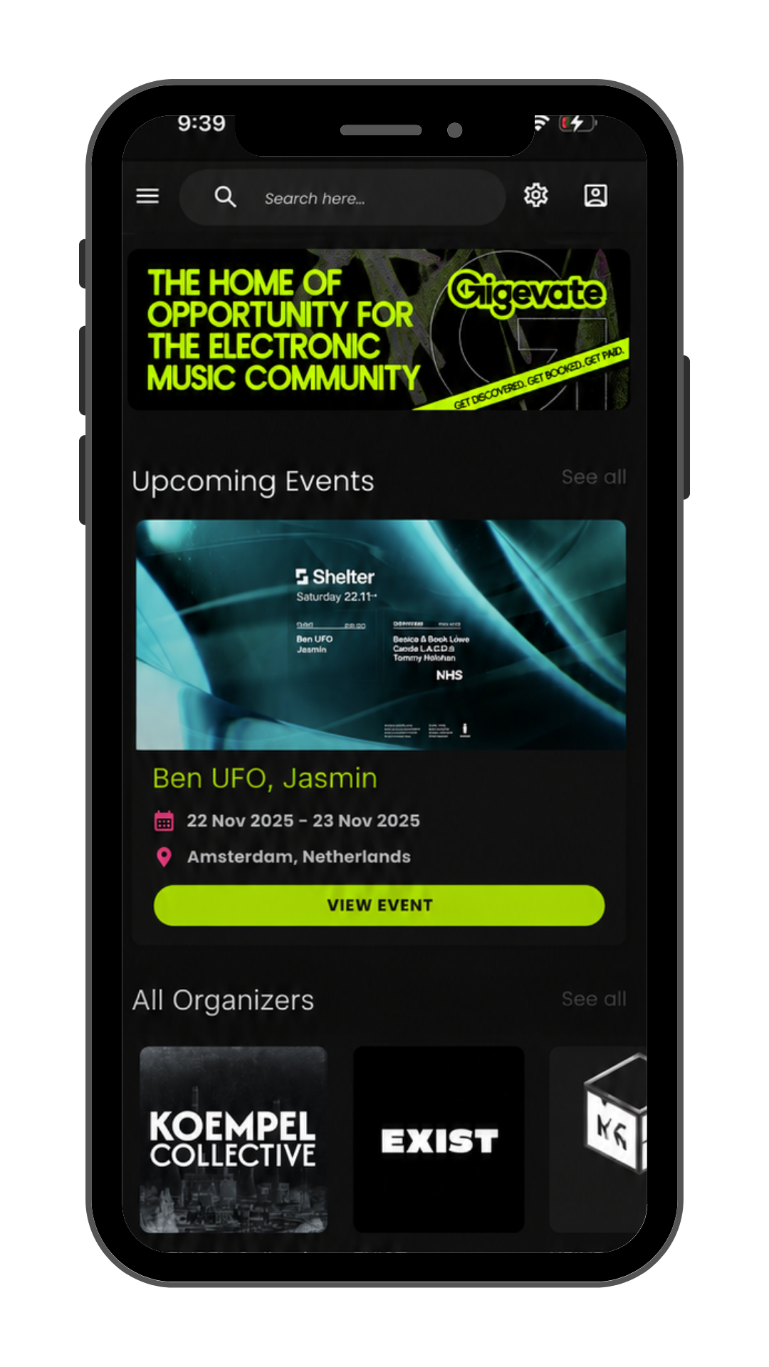 Gigevate app discovery feed showing electronic music events near you, artists to book, and organisers across the scene