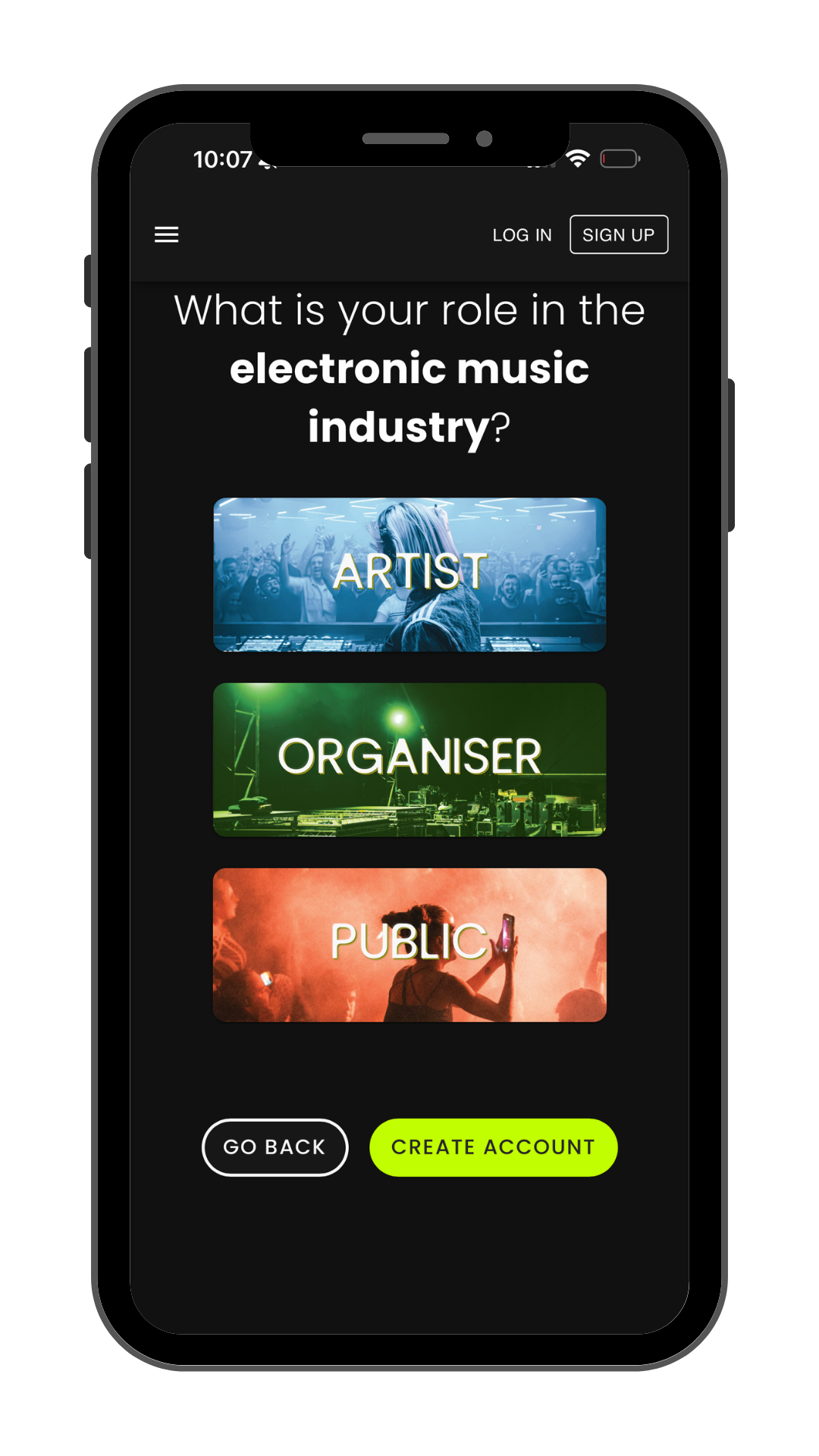 Gigevate role selection screen for signing up as a DJ, electronic music event organiser or fan looking for events