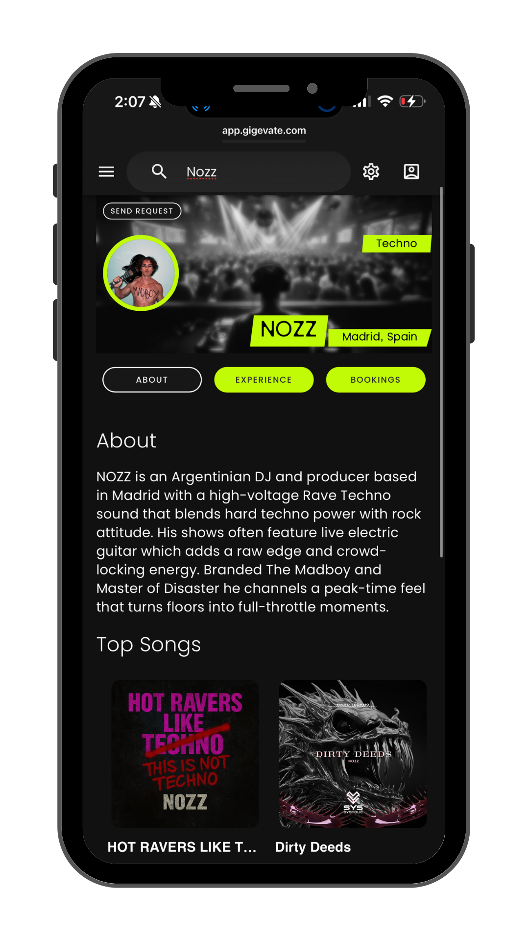Gigevate DJ profile screen showing music links, genre tags, location, experience and past bookings