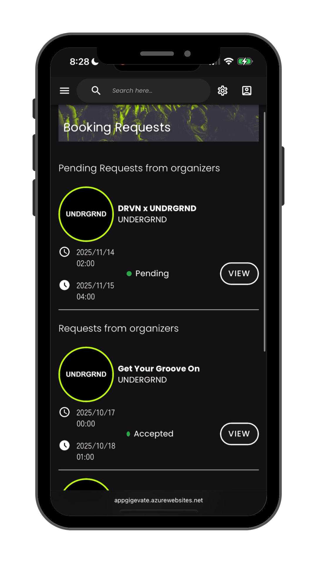 Gigevate booking request screen used to book DJs and confirm electronic music artist bookings