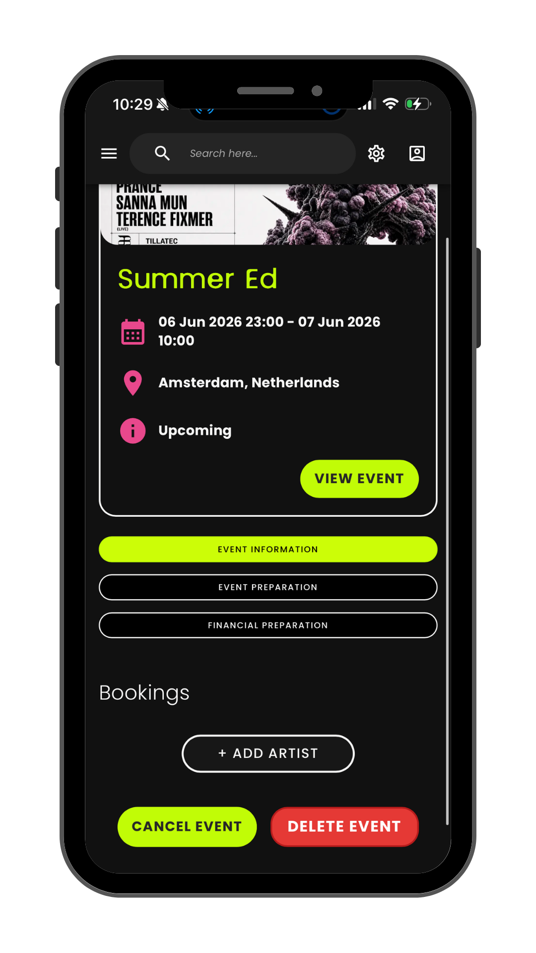 Gigevate event management screen for electronic music event organisers showing lineup, venue and booking details