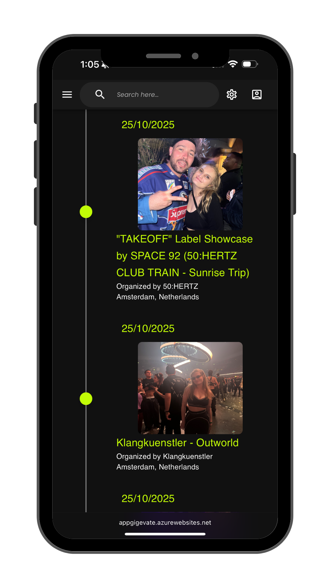 Gigevate journey timeline showing past DJ gigs, electronic music events attended and bookings across the scene